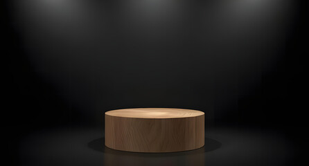 Product Showcase: A wooden cylindrical podium stands illuminated, presenting an elegant stage for product displays and announcements, perfect for highlighting items.