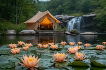 Serene Camp by the Falls: A picturesque camp nestled beside a tranquil lake, adorned with vibrant water lilies, overlooked by a gentle waterfall.