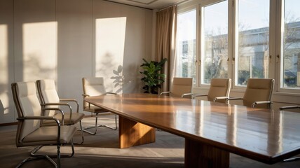 Fototapeta premium Negotiation room with empty chairs, symbolizing anticipation, strategic planning, and the potential for future agreements in a professional setting.