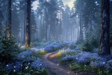 Fototapeta premium Enchanting path through a mystical forest at dawn, filled with bluebells and fireflies.