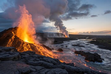 Breathtaking Volcanic Eruption at Dusk with Molten Lava and Twilight Sky