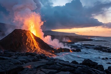 Breathtaking Volcanic Eruption at Dusk with Molten Lava and Twilight Sky