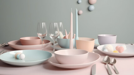 Fototapeta premium Elegant table setting, pastel plates and candles arranged artistically, perfect for a stylish dining occasion or celebration.