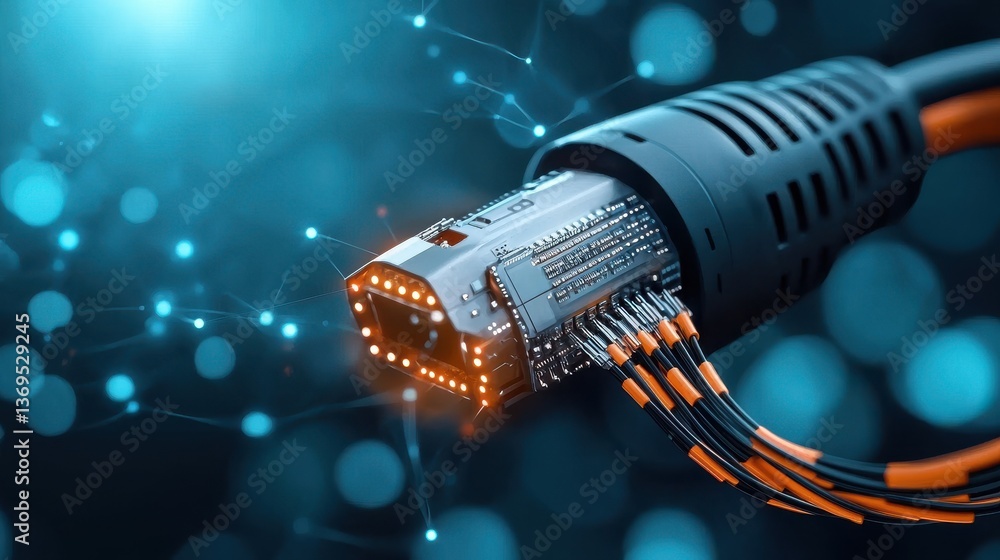 Poster glowing network cable with bright fiber optic ethernet port symbolizes the high speed digital infras