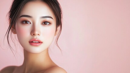 Fototapeta premium Stunning Portrait of a Smooth-Skinned Asian Woman in Soft Lighting