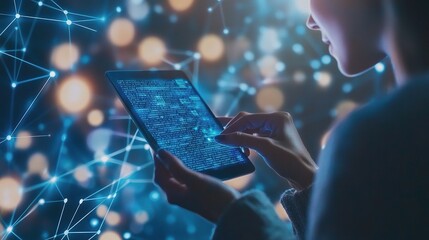 Person Using Tablet with Data Visualization on Screen