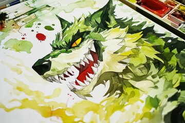 Green Wolf Watercolor Painting Fantasy Art.