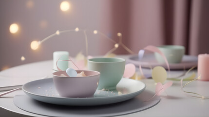Fototapeta premium Cozy tea setup, pastel cups on a simple table, soft lighting, perfect for relaxation and intimate gatherings.