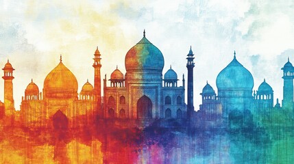 Obraz premium Colorful Agra skyline watercolor, India; travel poster