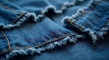 Focus on denim fabric with visible stitching and fraying edges in a classic indigo blue.