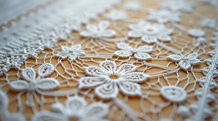 Zoomed-in perspective of intricate lace patterns, highlighting delicate threads and floral designs
