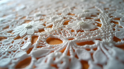 Zoomed-in perspective of intricate lace patterns, highlighting delicate threads and floral designs