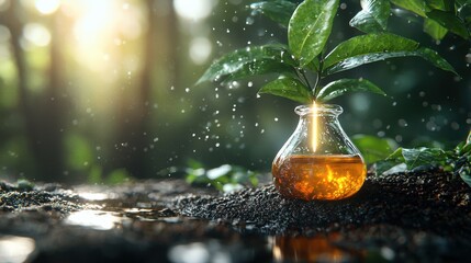 Close up view of a natural glass bottle filled with a golden colored liquid reflecting on the soil with a lush green leaf in a serene outdoor environment  Concept of organic sustainable