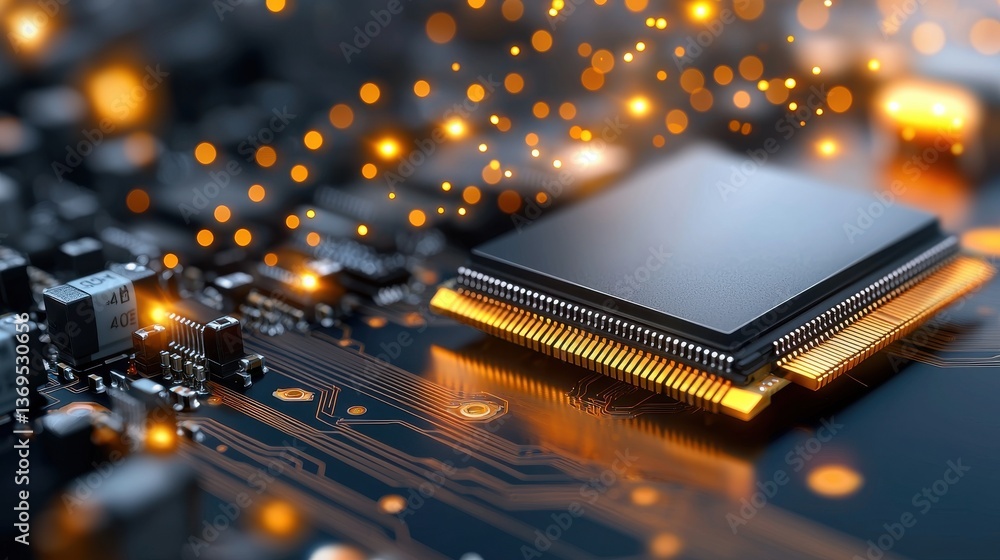 Poster closeup of futuristic computer circuit board with glowing microchips and electric connections backgr