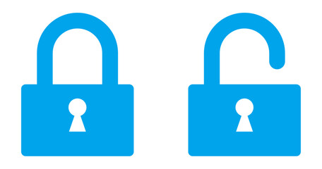 Lock and unlock icon set in blue color. Lock and unlock icon collection. Set of open and close lock. Locked and unlocked vector icon set. Lock symbol isolated on white background. icons, lock.