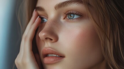 Obraz premium Young Woman Gently Touching Her Face in Close-Up Portrait