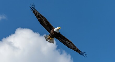 Obraz premium Majestic bald eagle soars powerfully above fluffy white clouds against a vibrant blue sky.. AI Generated