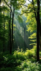 Fototapeta premium Misty green forest, sunlight filtering through dense canopy, background, mystical