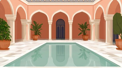 Courtyard pool, Moroccan architecture, plants, tranquil scene, travel brochure