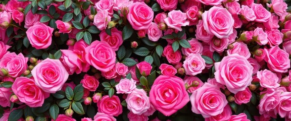 Obraz premium Pink floral backdrop, lush pink roses and other blooms, art, floral design