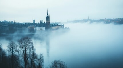 Fototapeta premium Stockholm City Foggy River Scenic View