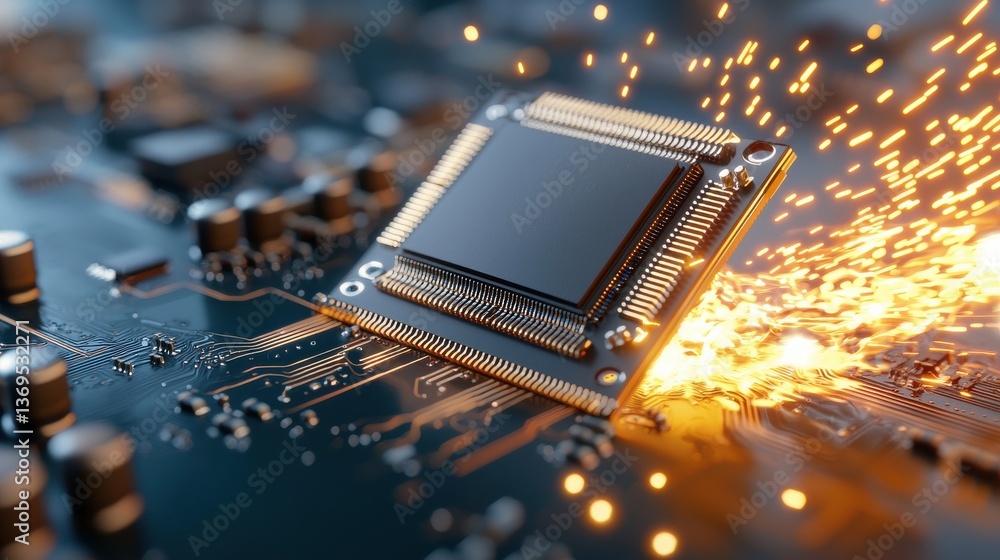 Poster glowing microchip futuristic circuit board showcasing digital innovation and technological advanceme