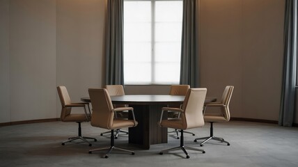 Negotiation room with empty chairs, symbolizing anticipation, strategic planning, and the potential for future agreements in a professional setting.