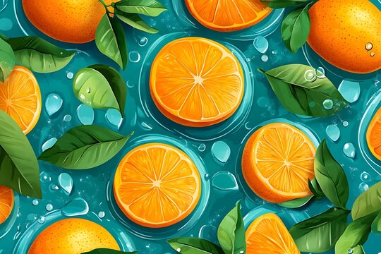 Fresh oranges, leaves and water droplets background creating a vibrant summer vibe illustration