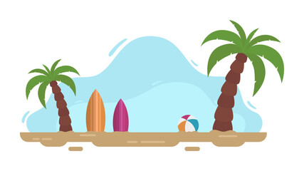 Simple beach illustration with surfboard and coconut tree isolated on white background. Summer beach background clip art