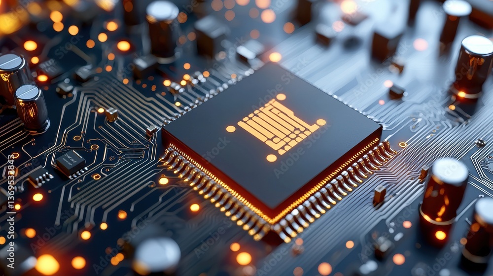 Poster futuristic circuit board with glowing microchips and intricate copper connections representing the l