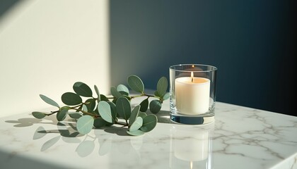 Illuminated Votive with Delicate Eucalyptus on Reflective Surface, Peaceful Spa Imagery for Wellness Products and Meditation Environment Marketing
