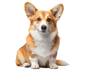 A charming Pembroke Welsh Corgi, patiently posing against a pristine white backdrop, exuding warmth and friendliness.