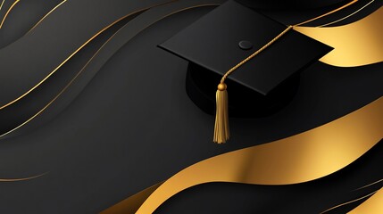 Elegant Graduation Cap on Black and Gold Abstract Background Design