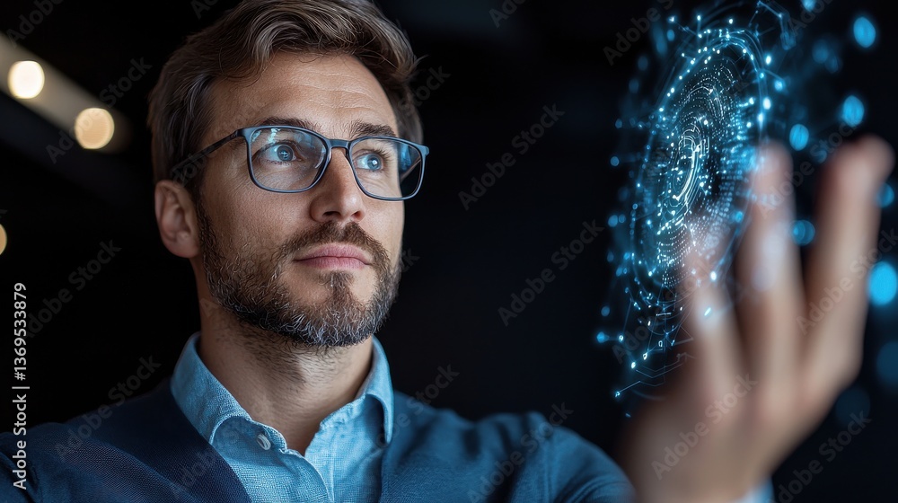 Poster mysterious digital hologram projection glowing on a man s hand in a dark futuristic environment show