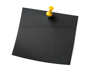 A blank black note pinned with a bright yellow thumbtack, ready for important ideas and reminders against a clean white background.