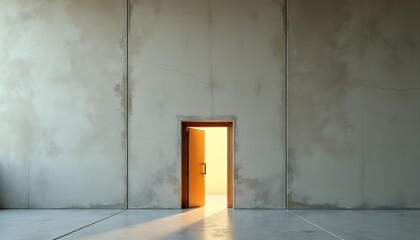 Open door revealing bright light against a minimalist wall  