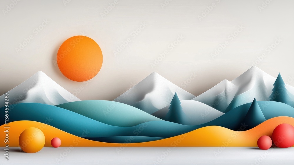 Poster surreal and abstract landscape design with vibrant geometric shapes spheres and mountains the image 