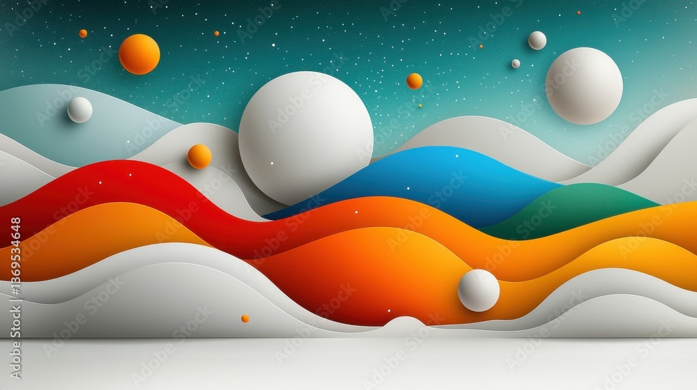 Poster mesmerizing surreal landscape with floating colorful spheres and geometric shapes against a dreamlik
