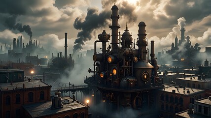 Steampunk factory complex at dawn
