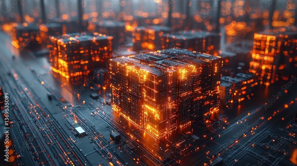 Poster futuristic glowing cubes and geometric structures illuminating a dynamic high tech digital cityscape