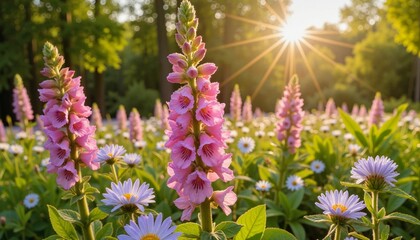 Obraz premium Sunlit flowers in a blooming meadow