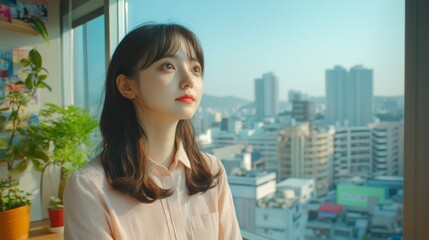 Young woman gazes pensively out window at city skyline