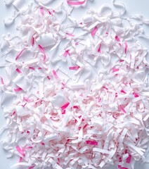 Fototapeta premium White background covered in a chaotic pile of finely shredded paper, texture, recycling