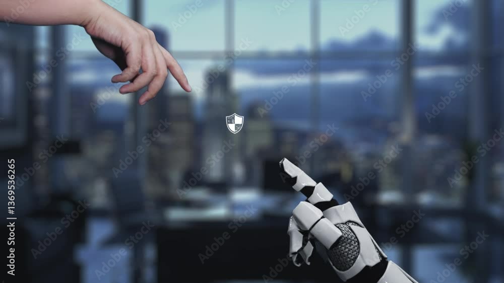 Poster a robotic hand interacts with a glowing security shield in a modern office, showcasing the intersect