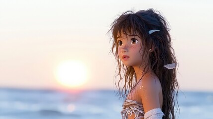 Naklejka premium Young Girl Gazing at Sunset Ocean Scene Dreamy Digital Art Illustration
