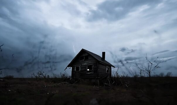 Abandoned wooden house under a stormy sky in a desolate landscape at dusk