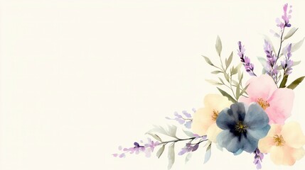 Naklejka premium Delicate Watercolor Floral Arrangement Pastel Pink Yellow Lavender Flowers Corner Design