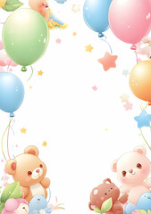 A cheerful illustration featuring cute animals, balloons, and stars, perfect for children.