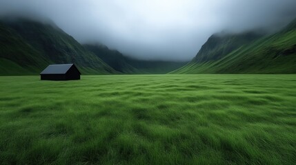 Misty valley with a lone black cabin. Lush green meadow stretches out into the distance. Dramatic mountains in the background