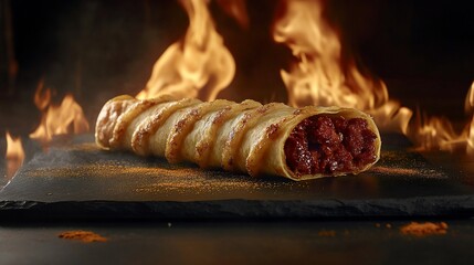 Spicy, golden-brown pastry roll, bursting with flavor, displayed on a dark stone surface, with flames adding drama